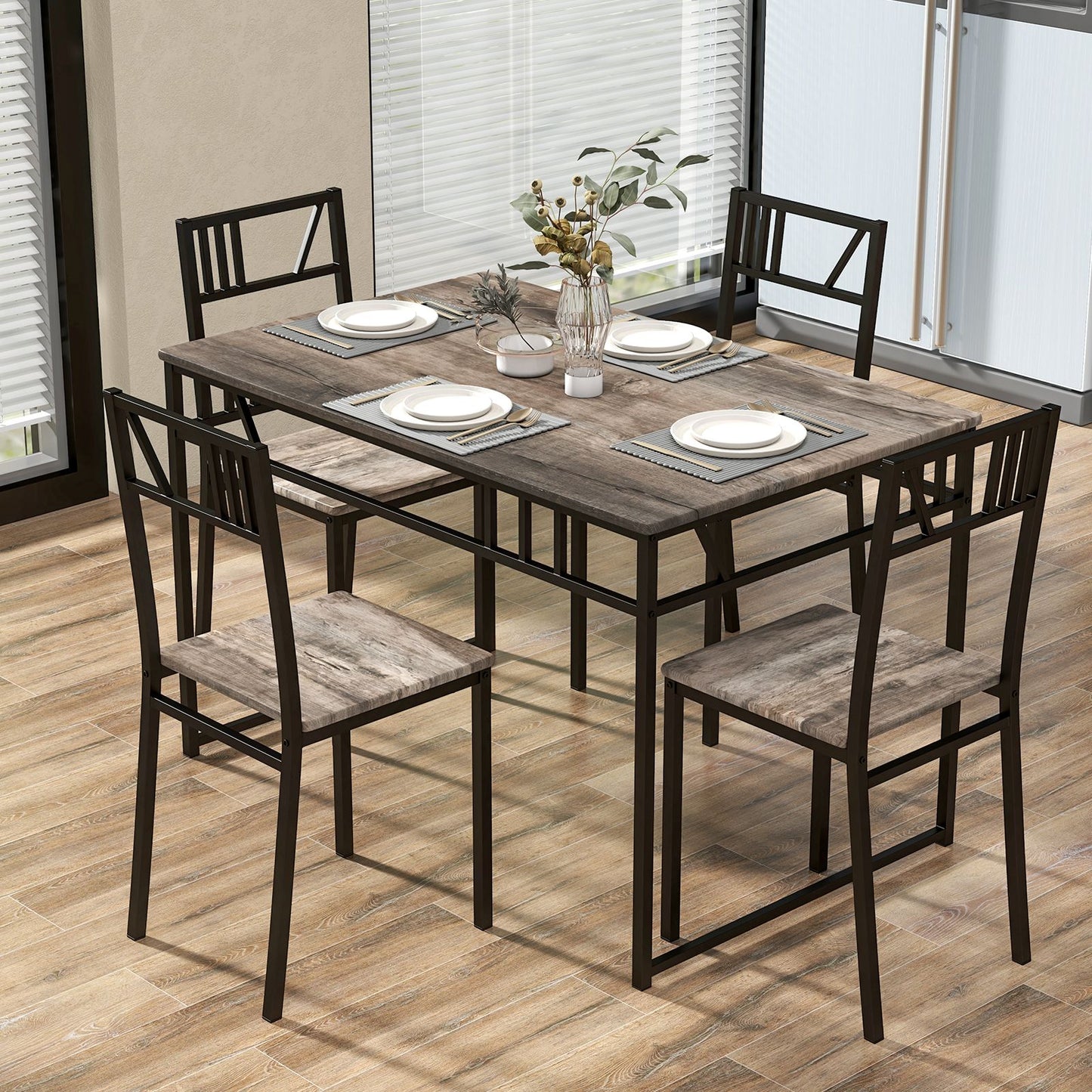 Industrial-Style Kitchen Table and 4 Chairs with Wood like Tabletop and Metal Frame