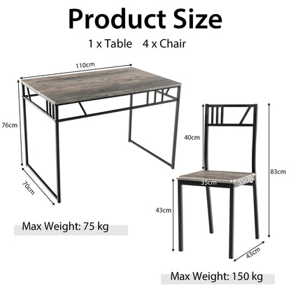 Industrial-Style Kitchen Table and 4 Chairs with Wood like Tabletop and Metal Frame