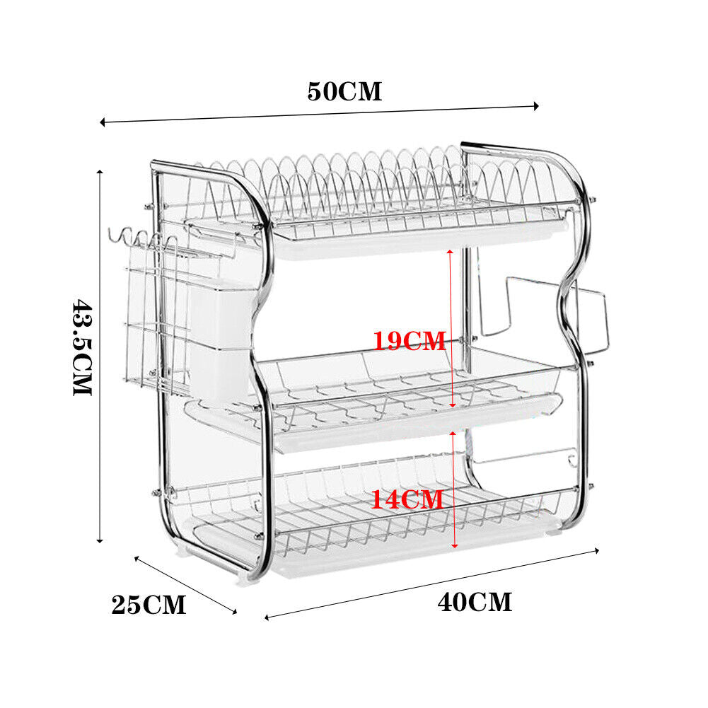 3 Tier Dish Drainer Rack with Drip Tray Kitchen Drying Rack Bowl Plate Holder UK