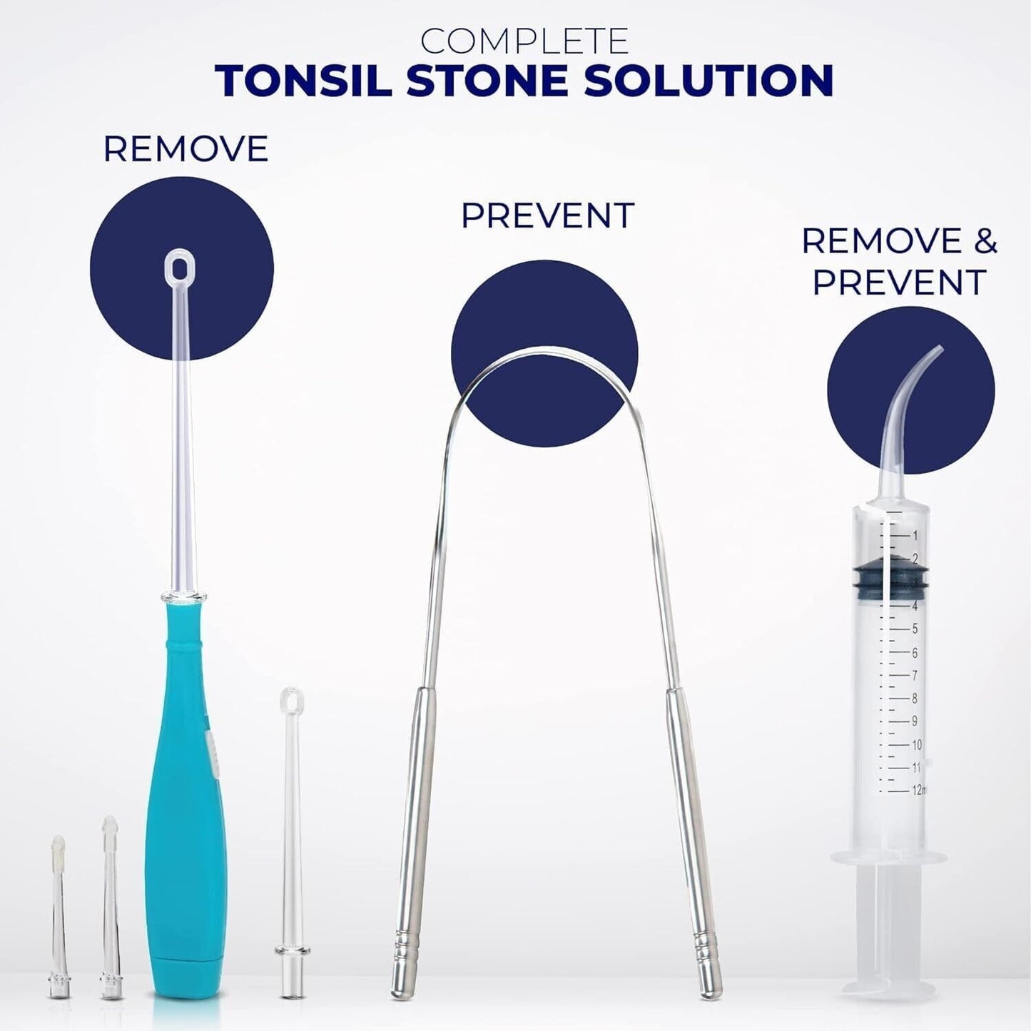 Tonsil Stone Remover Kit - LED Tonsilolith Pick Curved Syringe & Tongue Scraper