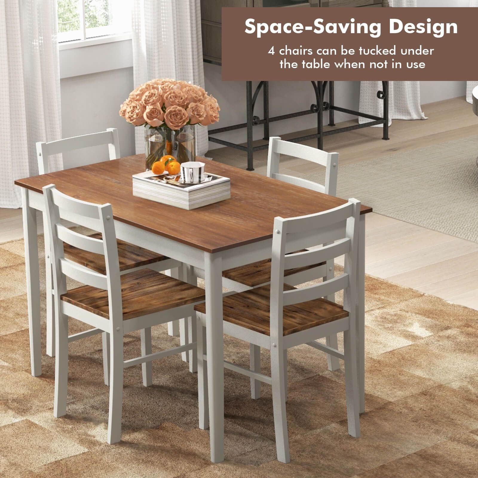 5 Piece Dining Table Set with Wooden Large Tabletop