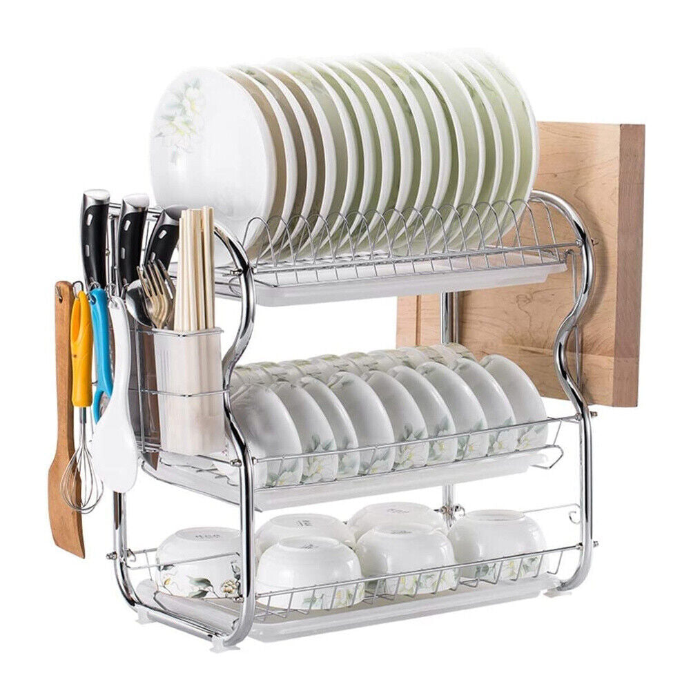 3 Tier Dish Drainer Rack with Drip Tray Kitchen Drying Rack Bowl Plate Holder UK