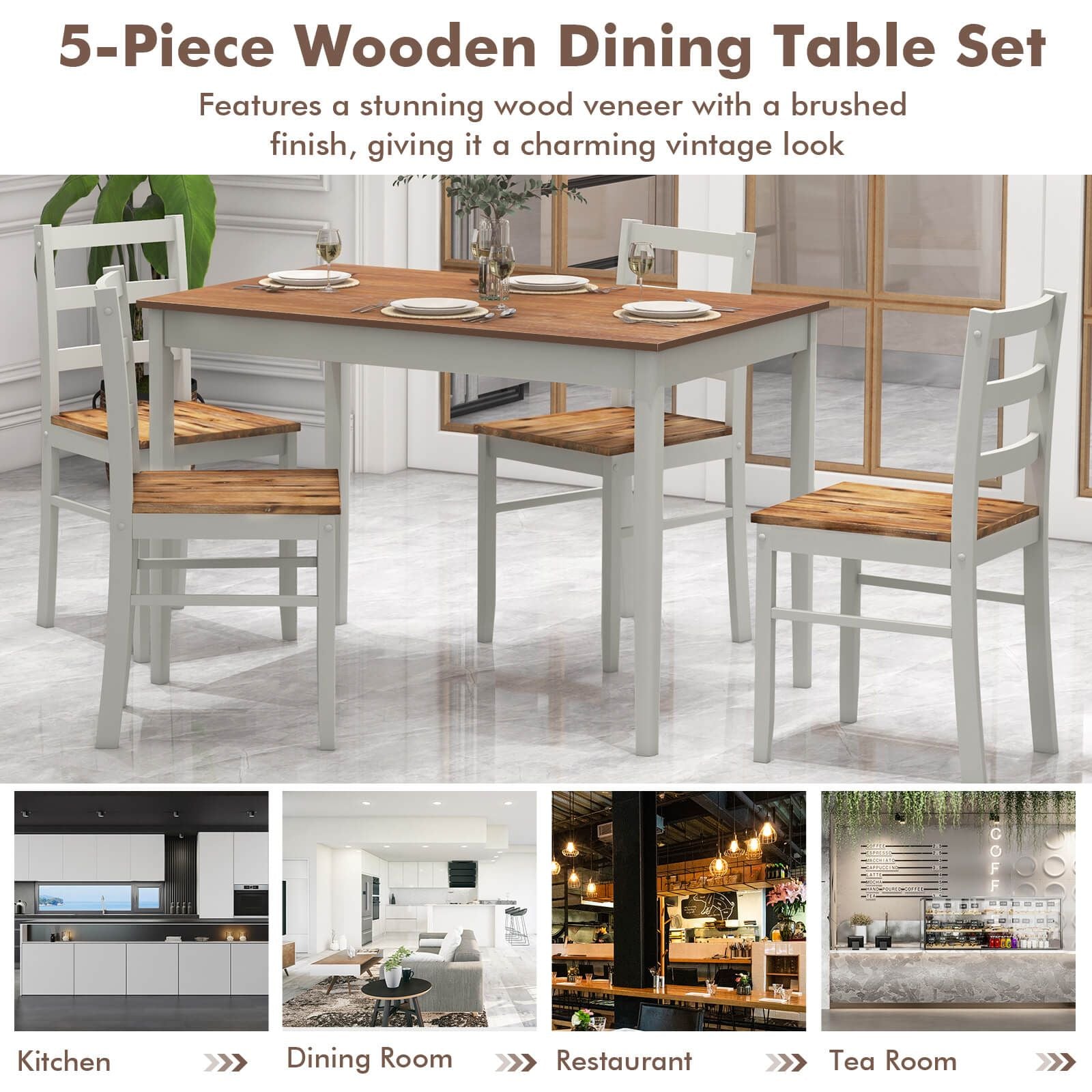 5 Piece Dining Table Set with Wooden Large Tabletop