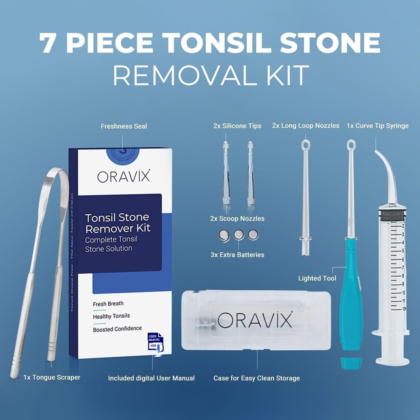 Tonsil Stone Remover Kit - LED Tonsilolith Pick Curved Syringe & Tongue Scraper