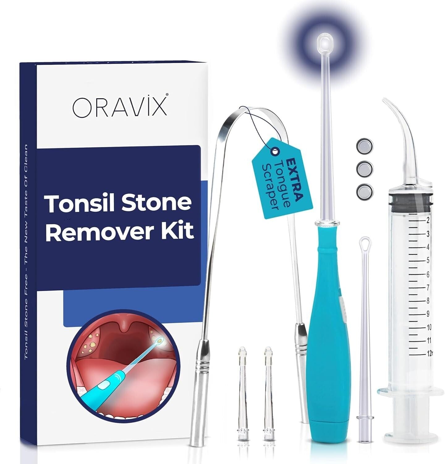 Tonsil Stone Remover Kit - LED Tonsilolith Pick Curved Syringe & Tongue Scraper